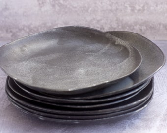 Set of Four Square Black Ceramic Dinner Plates