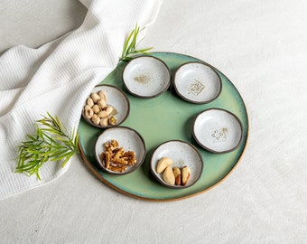 Large Handmade Ceramic Passover Serving Set, Green-Turquoise Large Platter & 6 Dip Bowls Set, Jewish Wedding Gift, Pottery Breakfast Platter