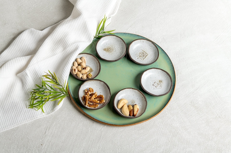 Green-Turquoise Large Platter & 6 Bowls Set, Seder Plate, Handmade Ceramic Large Serving Set, Nachos and Snacks Serving Dish, Wedding Gift image 7