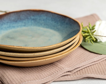 Pottery Dinnerware Salad Plate Set, Ceramic Handmade Rustic Turquoise Blue Cake / Dessert Plates, Deep First Course Dinner Plates