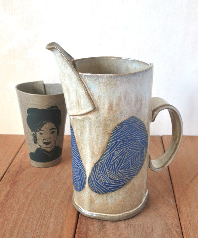Ceramic Water Pitcher Tall Pottery Jug Decorative Flower Etsy