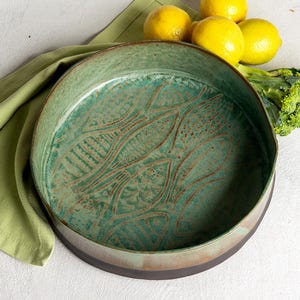 Handmade Green Ceramic Serving Bowl Textured Fish Rustic Stoneware Salad or Fruit Bowl Artisan Pottery Centerpiece Gift for Food Lovers