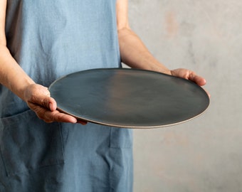 Rustic Handmade Black Ceramic Platter, Stoneware Extra Large Serving Plate, Pottery Round Tray, 11" Cake Platter, Gift for Mom
