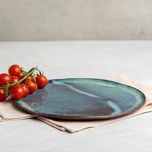 Rustic Handmade Turquoise and Blue Ceramic Platter, Stoneware XL Serving Plate, Pottery Round Tray, 11" Cake Plate, Christmas Gift