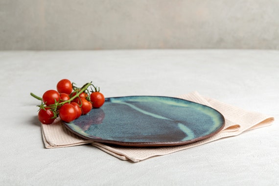Rustic Handmade Turquoise and Blue Ceramic Platter, Stoneware XL Serving Plate, Pottery Round Tray, 11" Cake Plate, Christmas Gift