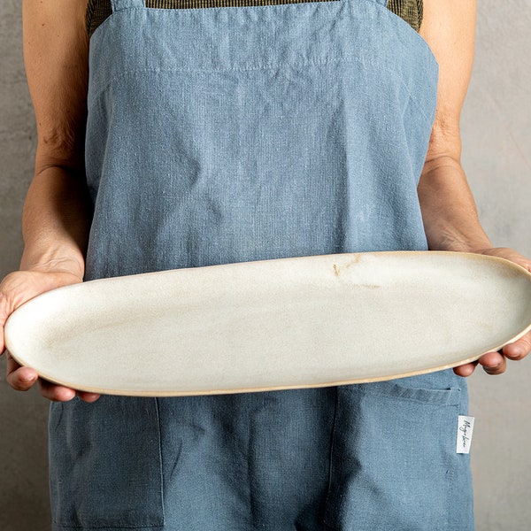 Pottery Long Oval White Cheese Platter, Rustic Large 15" Ceramic Oval Tray,  Stoneware Modern Serving Cake Dish, Unique Pottery Wedding Gift