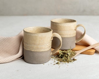 Cream-Beige & Gray Stoneware Handmade Tea Mug Set, TWO 13.5 Oz Hand-Thrown Pottery Large Mugs, Rustic Ceramic Coffee Mug, Housewarming Gift