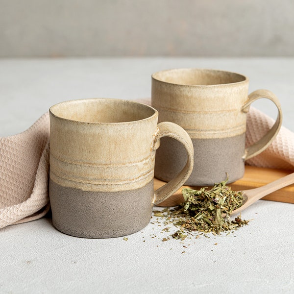 Cream-Beige & Gray Stoneware Handmade Tea Mug Set, TWO 13.5 Oz Hand-Thrown Pottery Large Mugs, Rustic Ceramic Coffee Mug, Housewarming Gift