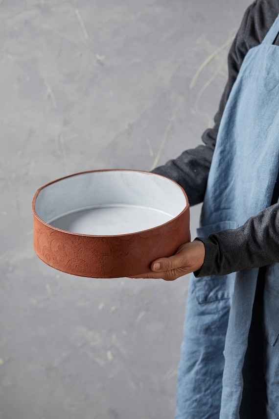 Handmade Terracotta Casserole Dish, Cream Glaze, Rustic Baking Bowl