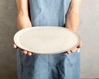 Round Modern Ceramic Dinner Serving Tray, Large 11" Pottery Serving Platter, Cream Rustic Handmade Ceramic Cake Plate, Pottery Wedding Gift