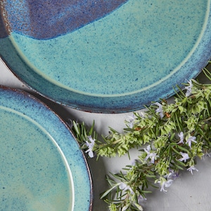 May include: Two blue and green ceramic plates with a speckled glaze. The plates are stacked on top of each other. A sprig of rosemary with purple flowers is in the background.