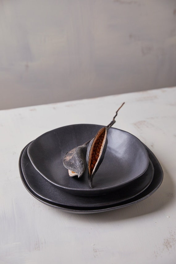 Black Handmade Ceramic Dinnerware Set Wabi sabi Charcoal Black