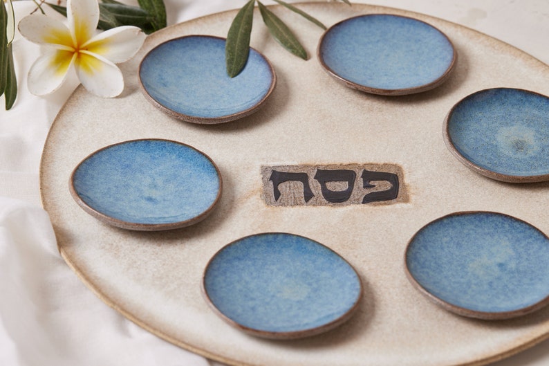 Handmade Ceramic Large Seder Plate, Jewish Holiday Gift, Passover Gift, Cream and Blue Gift for Jewish Wedding, Judaica Gift, Made in Israel image 3