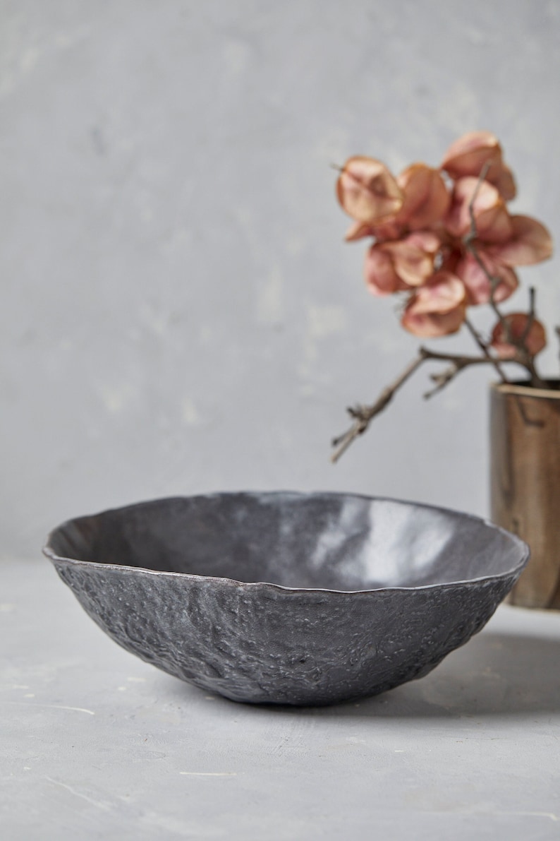 Handmade Large Organic Shape Black Serving Bowl, Black Ceramic Bowl, Textured Pottery Salad Bowl, Deep Decorative Bowl, Unique Wedding Gift image 1