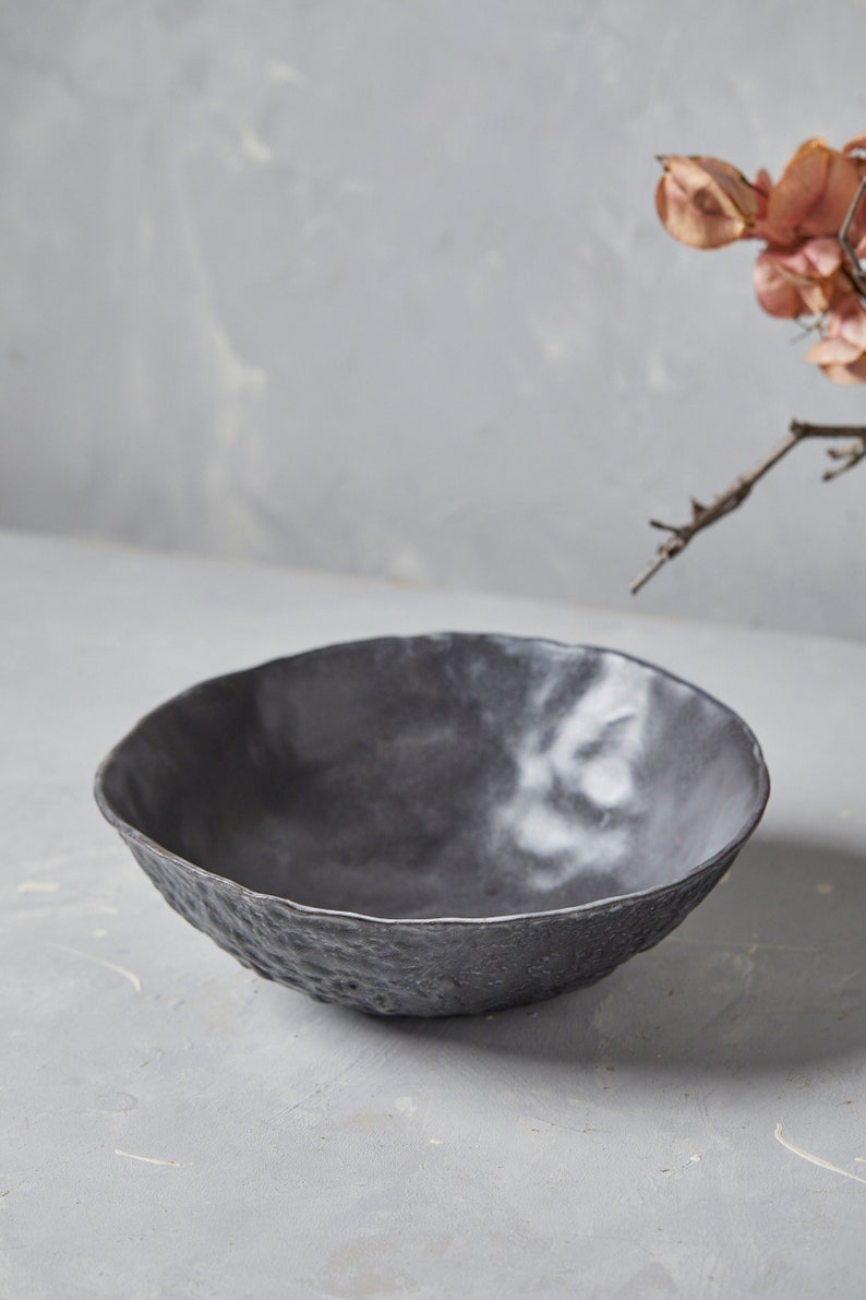 Handmade Large Organic Shape Black Serving Bowl, Black Ceramic Bowl, Textured Pottery Salad Bowl, Deep Decorative Bowl, Unique Wedding Gift image 2