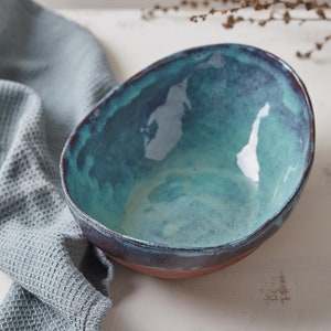 Large Oval Handmade Turquoise-Blue Ceramic Salad Bowl, Unique Wedding Gift, Terracotta Pottery Rustic Serving Dish, Table Fruit Bowl