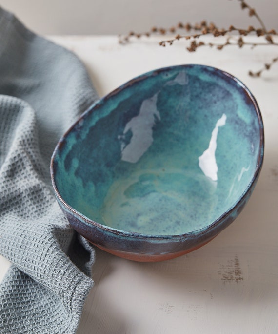 Handmade Turquoise Ceramic Salad Bowl, Rustic Terracotta Pottery