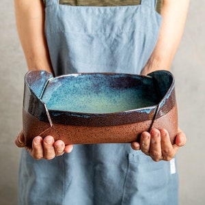 Handmade from Stoneware Slabs Speckled Large Turquoise Baking Pan, Terracotta Blue Ceramic Casserole Dish, Pottery Oven to Table Dish