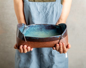 Handmade from Stoneware Slabs Speckled Large Turquoise Baking Pan, Terracotta Blue Ceramic Casserole Dish, Pottery Oven to Table Dish