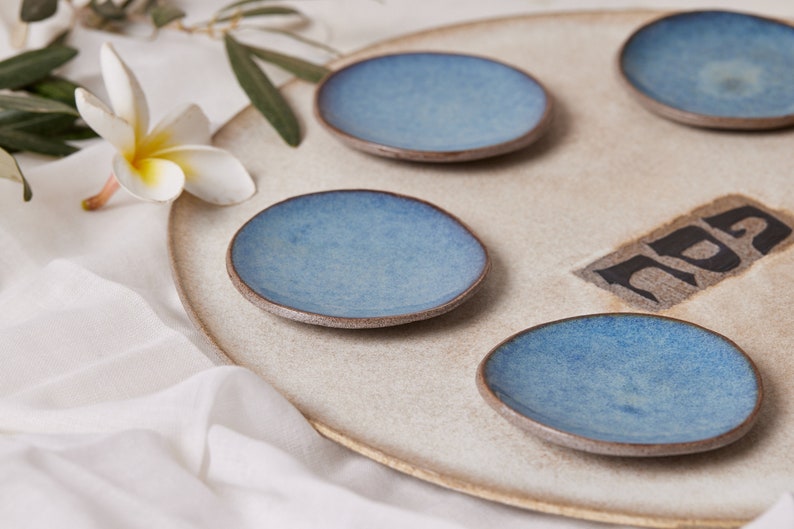 Handmade Ceramic Large Seder Plate, Jewish Holiday Gift, Passover Gift, Cream and Blue Gift for Jewish Wedding, Judaica Gift, Made in Israel image 4
