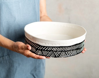 Large Porcelain White Serving Bowl, Baking and Serving Dish, Pottery XL Oven to Table Bakeware, Handmade Round Casserole, Deep High Rim Dish