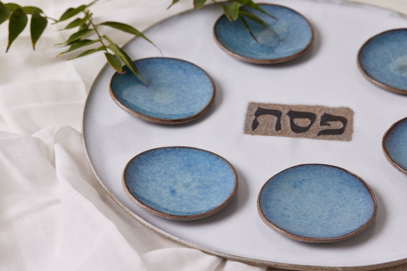 Handmade Ceramic Large Seder Plate, Jewish Holiday Gift, Passover Gift, Cream and Blue Gift for Jewish Wedding, Judaica Gift, Made in Israel image 6