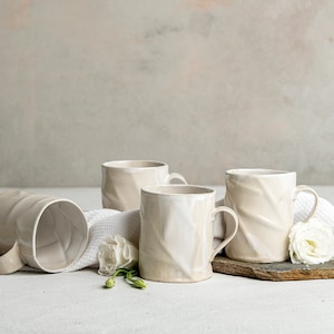 TWO Large Unique Ceramic White Coffee Mugs, Textured 13.5 Oz Handmade Pottery Rustic Mugs, Tea Mug Set, Modern Pottery Gift image 2