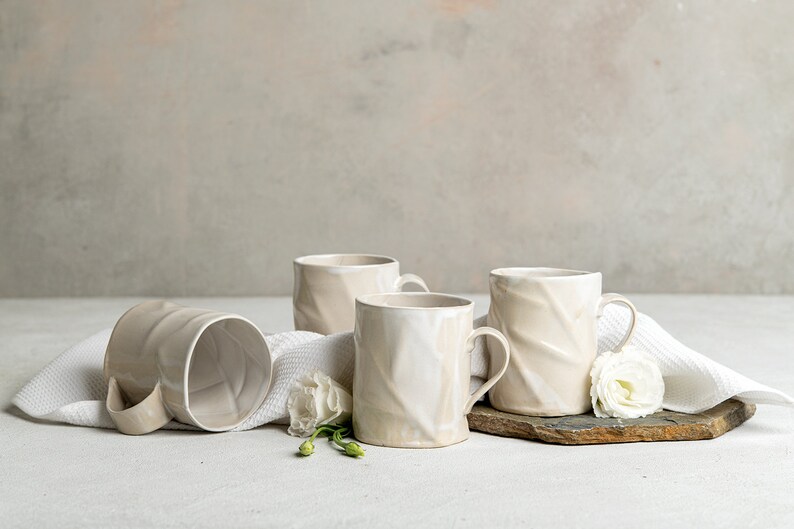 TWO Large Unique Ceramic White Coffee Mugs, Textured 13.5 Oz Handmade Pottery Rustic Mugs, Tea Mug Set, Modern Pottery Gift image 2