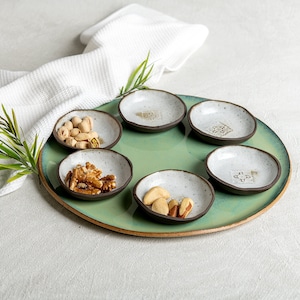 Green-Turquoise Large Platter & 6 Bowls Set, Seder Plate, Handmade Ceramic Large Serving Set, Nachos and Snacks Serving Dish, Wedding Gift image 2
