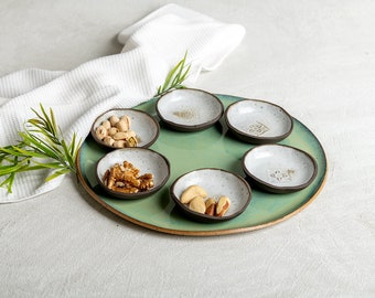 Handmade Ceramic Large Serving Set, Green-Turquoise Large Platter & 6 Dip Bowls Set, Nachos and Snacks Serving Dish, Wedding Gift