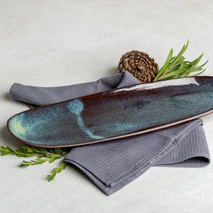 Deep Dark Blue XL 15&quot; Oval Long Ceramic Platter, Unique Dinner Serving Dish, Table Centerpiece, Handmade Rustic Plate, Modern Serving Dish