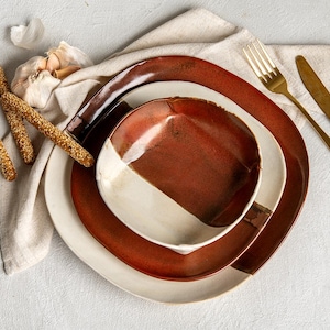 Handmade Dinnerware Set in Orange-Brown Cream, Rustic Ceramic Plates & Soup Bowl Elegant Ceramic Dish set, Japanese Pottery Wedding Gift