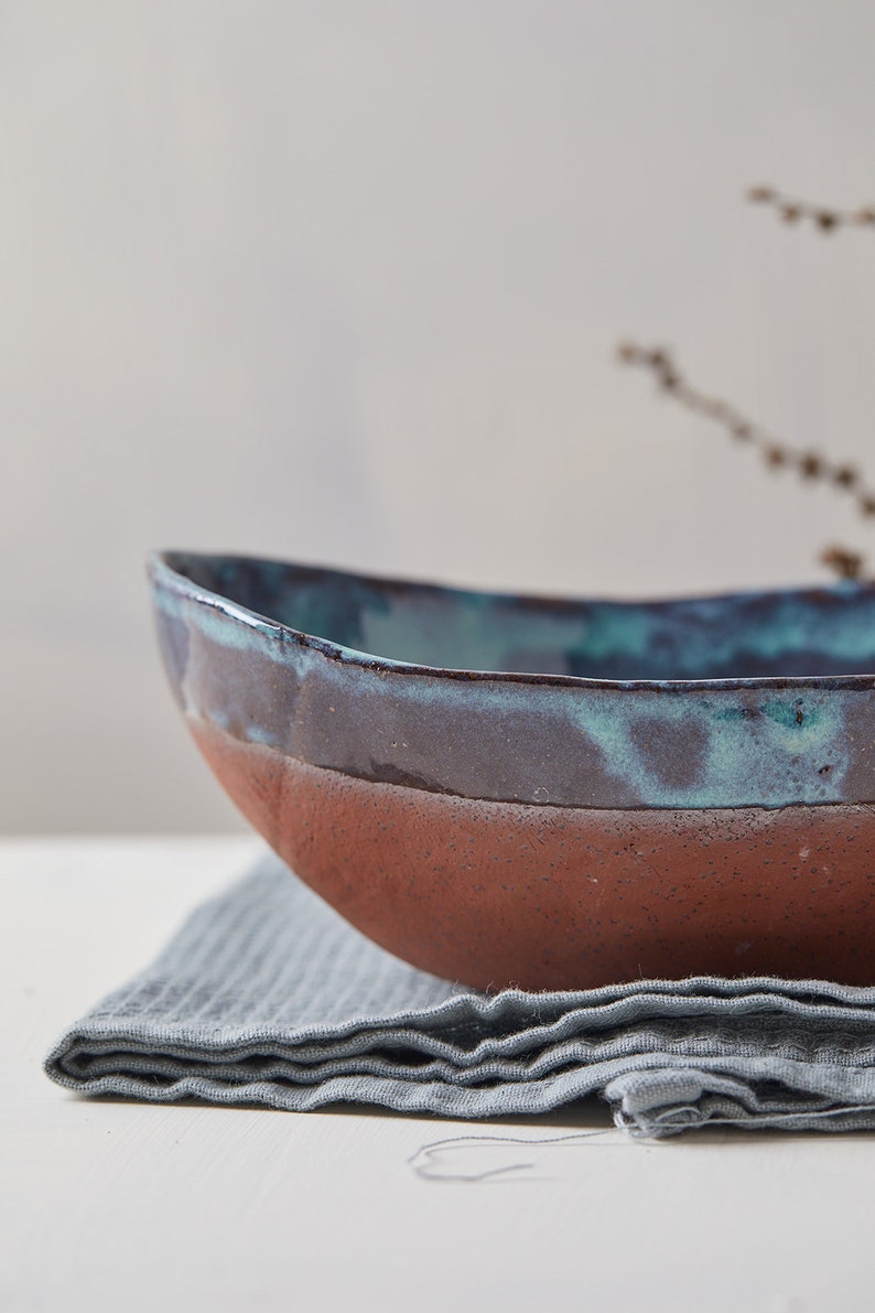 Large Turquoise Fruit Ceramic Bowl, Ceramic Deep Oval Serving Bowl, Pottery Rustic Blue Bowl, Salad Serving Dish, Stoneware Bowl image 8