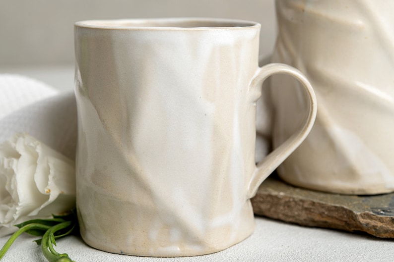 TWO Large Unique Ceramic White Coffee Mugs, Textured 13.5 Oz Handmade Pottery Rustic Mugs, Tea Mug Set, Modern Pottery Gift image 8