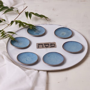 Handmade Ceramic Large Seder Plate, Jewish Holiday Gift, Passover Gift, Cream and Blue Gift for Jewish Wedding, Judaica Gift, Made in Israel White