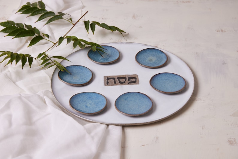 Handmade Ceramic Large Seder Plate, Jewish Holiday Gift, Passover Gift, Cream and Blue Gift for Jewish Wedding, Judaica Gift, Made in Israel White