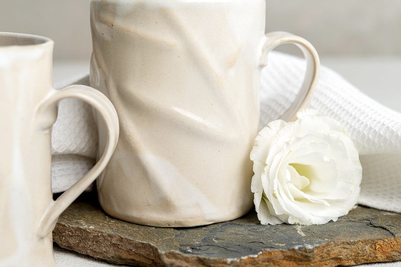 TWO Large Unique Ceramic White Coffee Mugs, Textured 13.5 Oz Handmade Pottery Rustic Mugs, Tea Mug Set, Modern Pottery Gift image 10