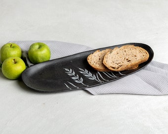Black Pottery Oval Platter - Carved Stalks, Handmade 15" Ceramic Challah Dish, Unique Long Serving Tray, Stoneware Cheese Tray, Jewish Gift