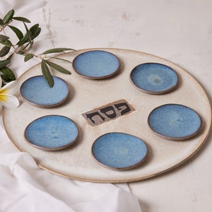Handmade Ceramic Large Seder Plate, Jewish Holiday Gift, Passover Gift, Cream and Blue Gift for Jewish Wedding, Judaica Gift, Made in Israel Cream