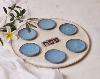 Handmade Ceramic Large Seder Plate, Jewish Holiday Gift, Passover Gift, Cream and Blue Gift for Jewish Wedding, Judaica Gift, Made in Israel