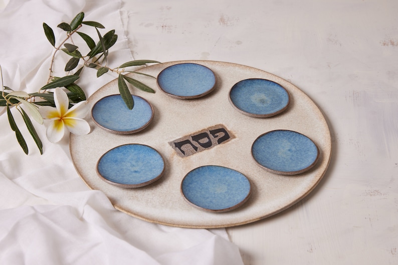 Handmade Ceramic Large Seder Plate, Jewish Holiday Gift, Passover Gift, Cream and Blue Gift for Jewish Wedding, Judaica Gift, Made in Israel