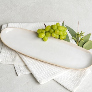 Long Ceramic White Cheese Platter, Rustic Large 15&quot; Ceramic Oval Tray, Modern Serving Cake Dish, Perfect for Dinner Parties,  Hostess Gift