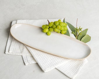 Long Ceramic White Cheese Platter, Rustic Large 15" Ceramic Oval Tray, Modern Serving Cake Dish, Perfect for Dinner Parties,  Hostess Gift