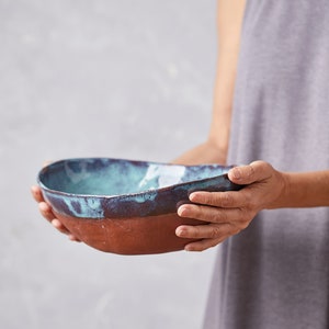 Large Turquoise Fruit Ceramic Bowl, Ceramic Deep Oval Serving Bowl, Pottery Rustic Blue Bowl, Salad Serving Dish, Stoneware Bowl image 5