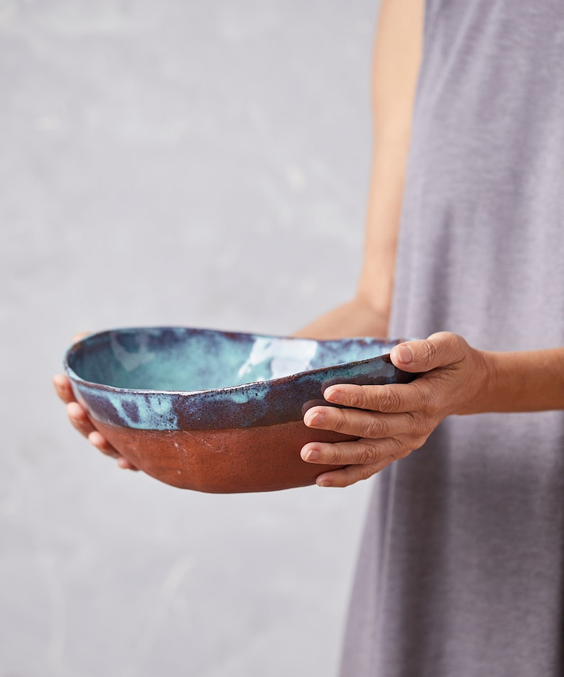 Large Turquoise Fruit Ceramic Bowl, Ceramic Deep Oval Serving Bowl, Pottery Rustic Blue Bowl, Salad Serving Dish, Stoneware Bowl image 5
