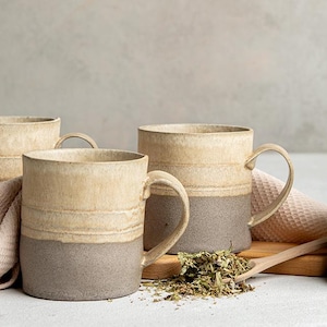 Handmade Stoneware Coffee Mug Set: Cream & Gray Pottery, 13.5 Oz