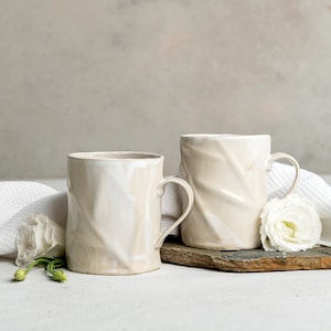 TWO Large Unique Ceramic White Coffee Mugs, Textured 13.5 Oz Handmade Pottery Rustic Mugs, Tea Mug Set, Modern Pottery Gift image 1