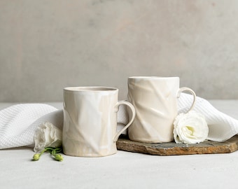 TWO Large Handformed Pottery White Coffee Mugs, Textured Unique 13.5 Oz Handmade Ceramic Rustic Mugs, Tea Mug Set, Gift for Mom