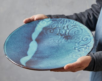 Plato de cerámica azul, plato grande para servir, ideas únicas para regalos de Navidad