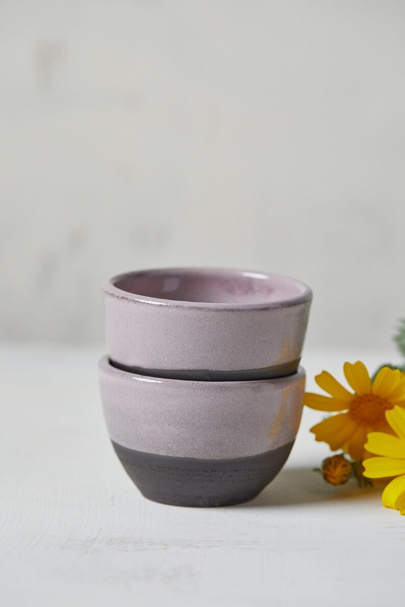 Set of TWO Handmade 10 oz Coffee Cups Without Handle, Black and Lilac Ceramic Cups, Cappuccino Pottery Coffee Cups / Teacups Set, Mom Gift image 1